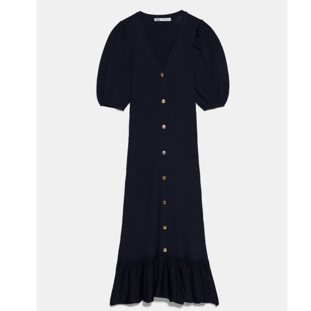 Zara gold button down navy dress. Worn once. Size M.